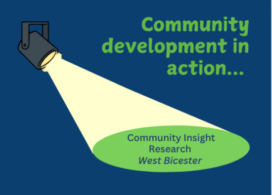 green text on blue background which reads "community development in action". Then a spotlight highlighting text which reads Community Insight Profile, West Bicester