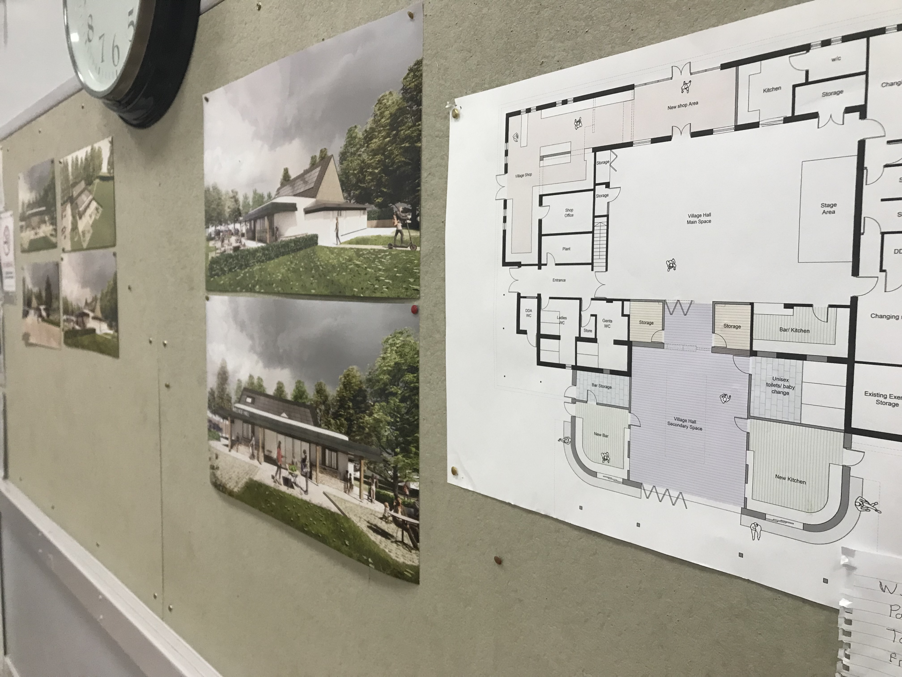 Photo of the new village hall design plan with photos of the current hall in the background