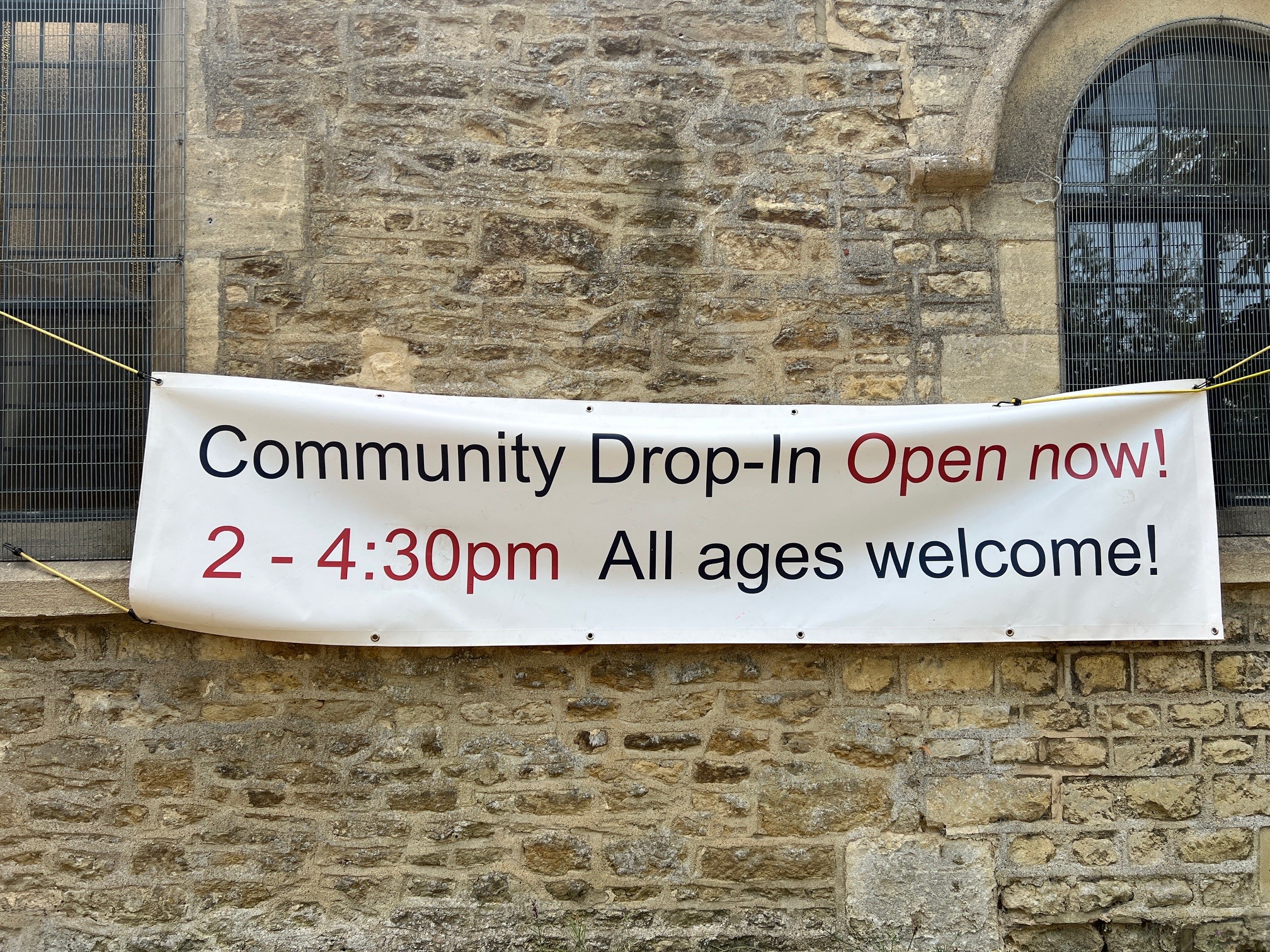 Banner which reads: community drop in open now, all ages welcome