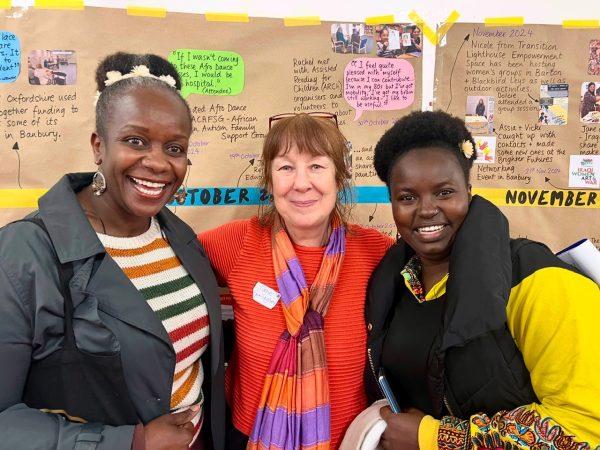 Three people smiling in front of the timeline